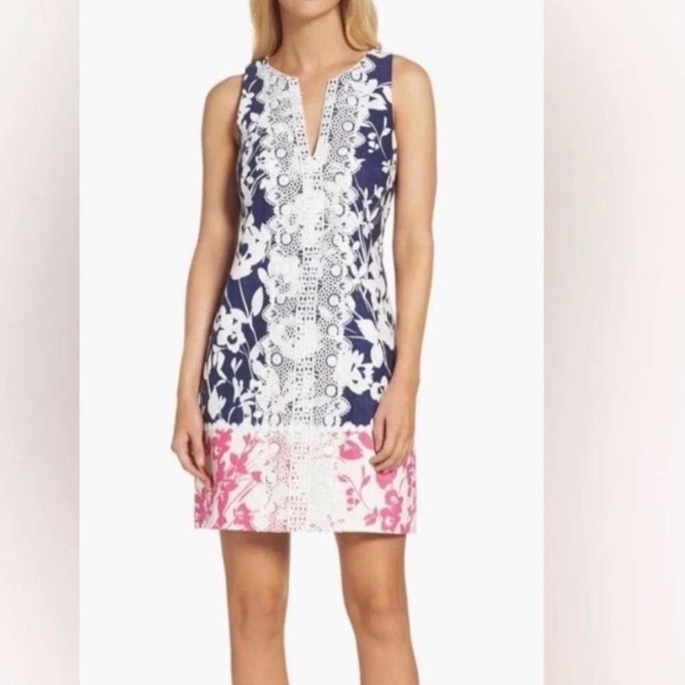 Eliza J Floral Sheath Dress Overlay Split V-Neck Navy Pink Size 6 - Picture 11 of 11